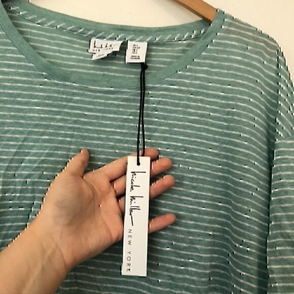 NEW NWT NICOLE MILLER Aqua Green White Stripe 100% Linen Boxy Short Sleeve Top S - Picture 5 of 10